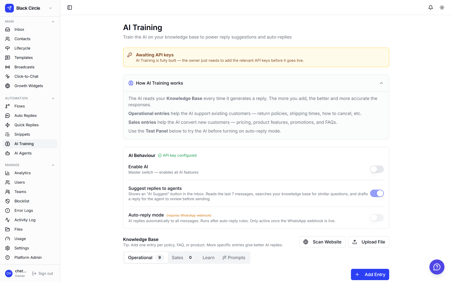 AI Training panel showing knowledge base configuration and AI behaviour settings
